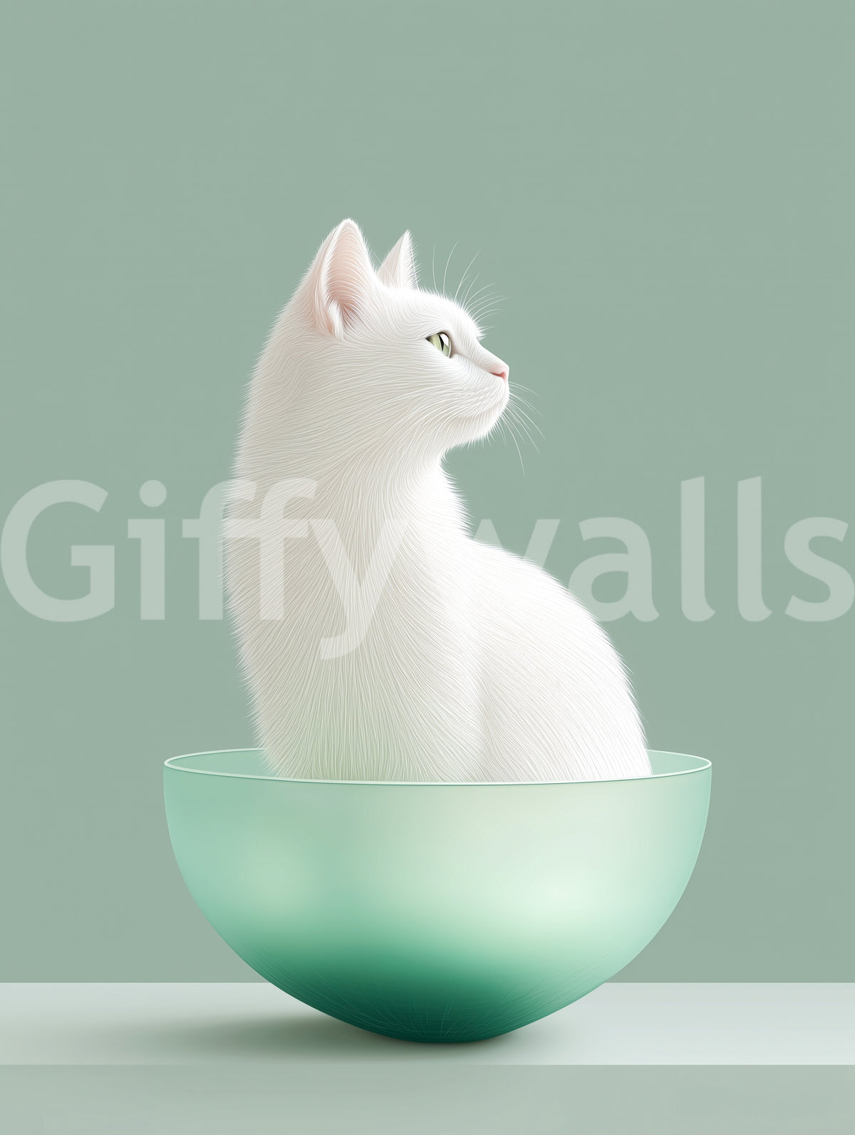 Minimalist White Cat in Mint Bowl Wall Mural