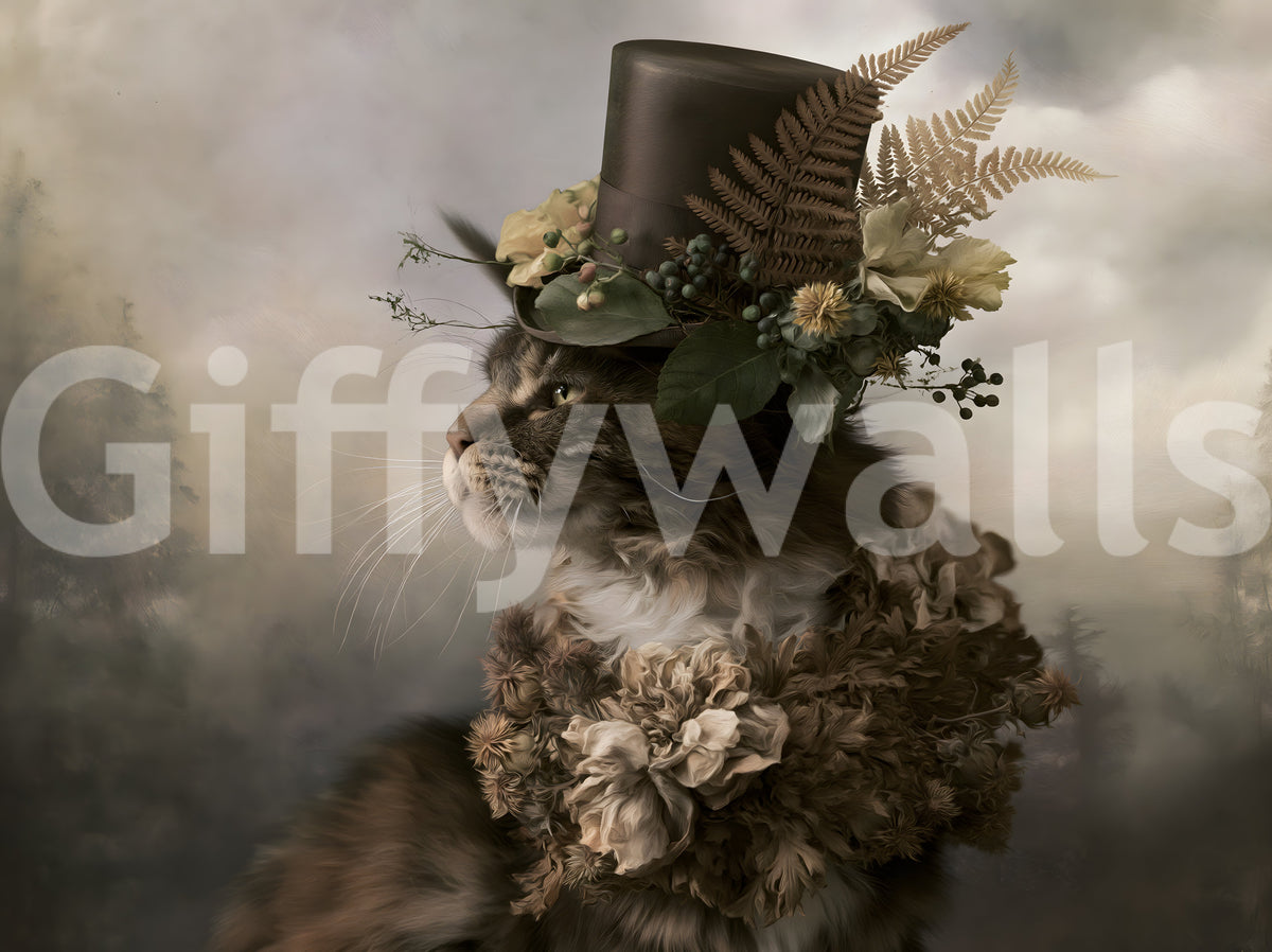Aristocratic Cat with Floral Top Hat Wall Mural