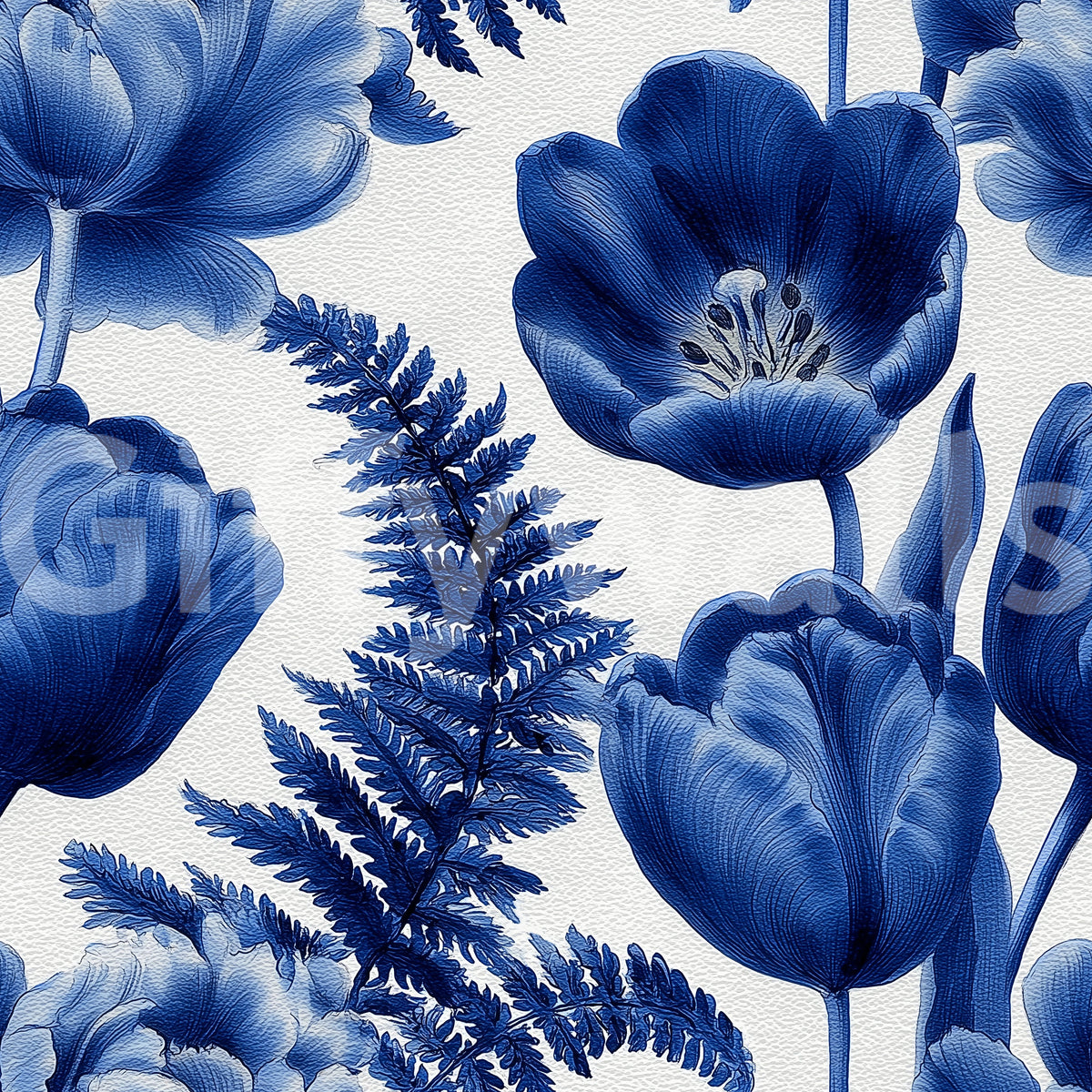 Indigo Botanical Tulip Fern Sketch Wallpaper
