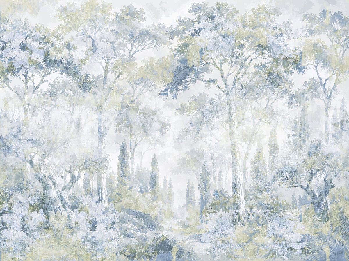 Close view of icy blue forest mural with cypress trees and misty path GD14181