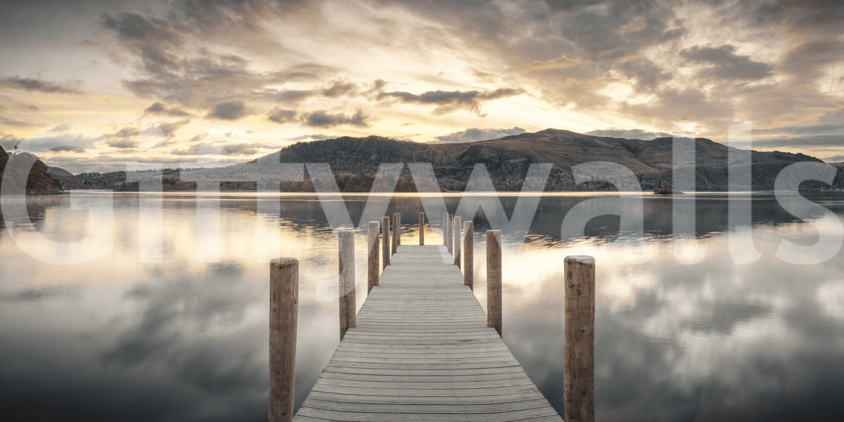 Close view of a wooden jetty, still water and cloudy dusk sky, lake wallpaper swatch GD14220