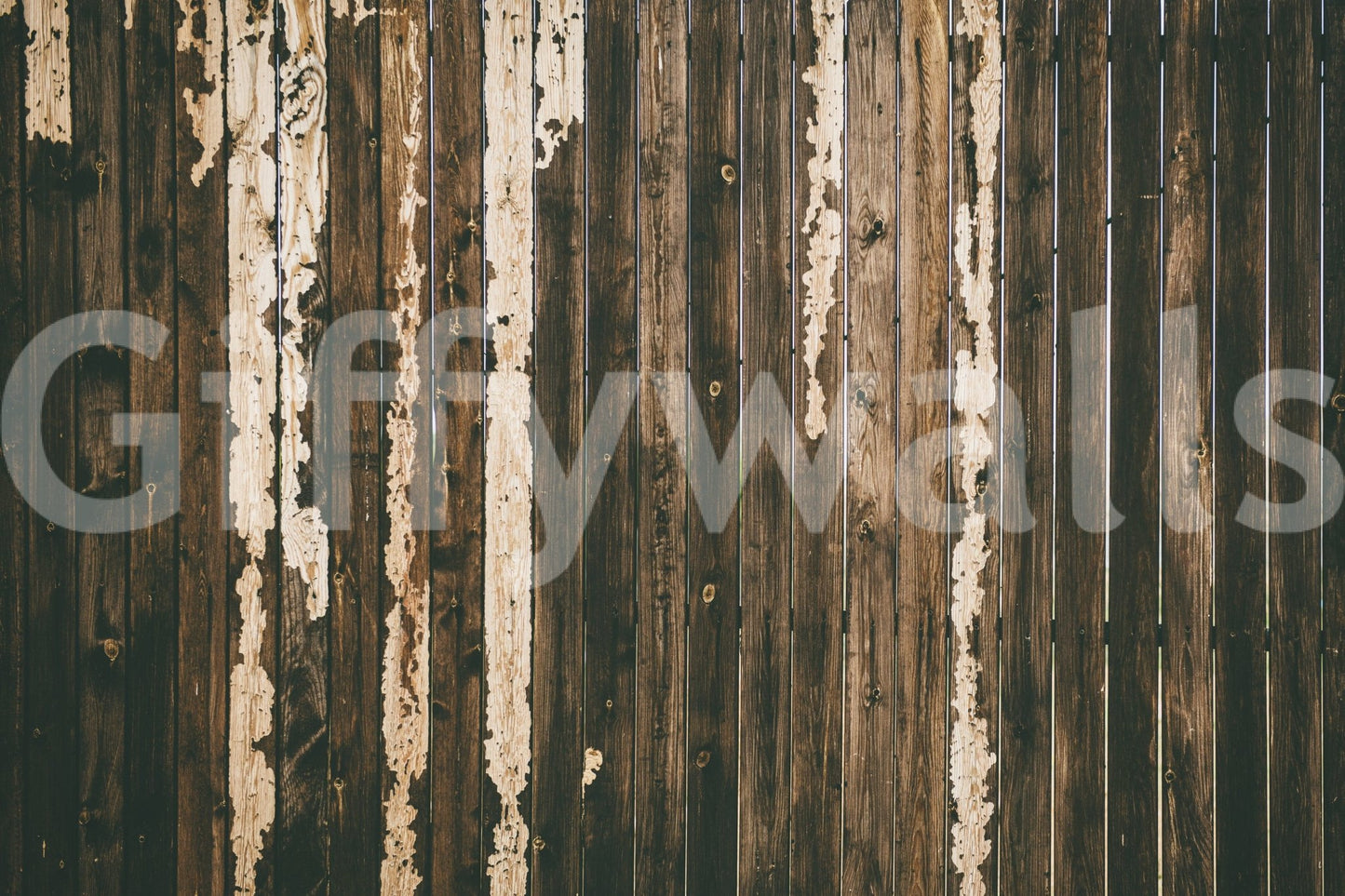 Weathered Wood wallpaper mural close-up showing dark brown vertical planks with peeling pale paint streaks