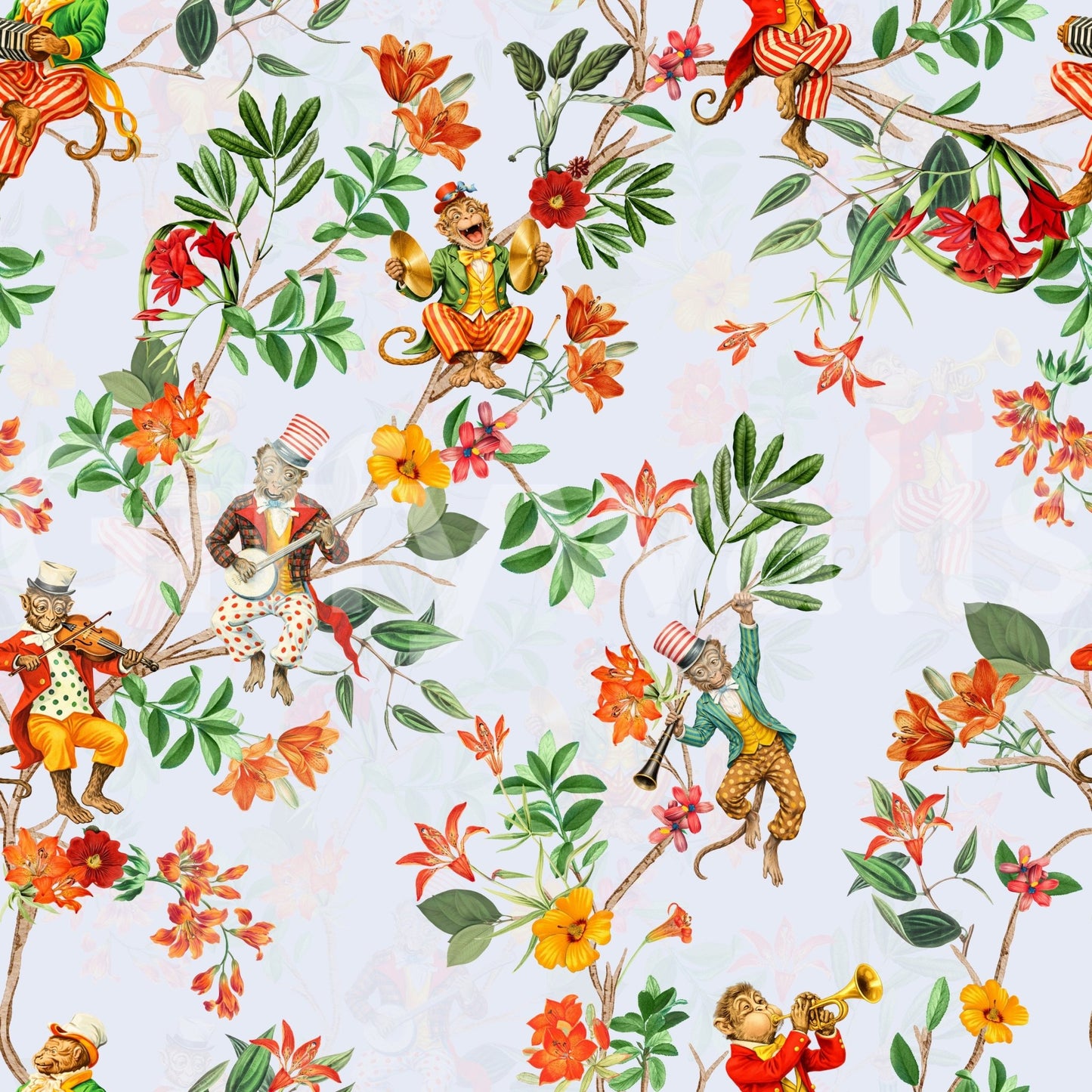 Whimsical Monkeys Playing Music Vintage Exotic Fun Garden blue Wallpaper