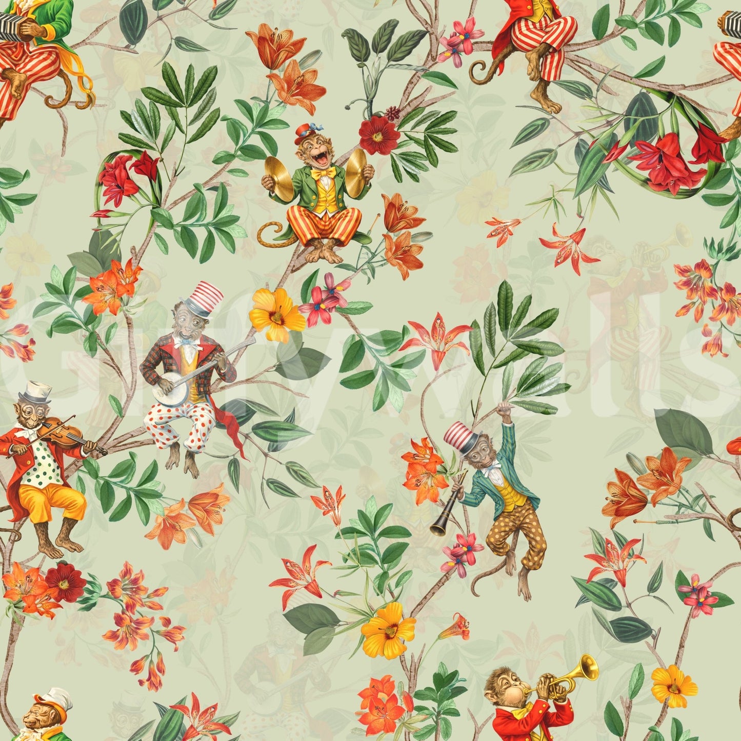 Whimsical Monkeys Playing Music Vintage Exotic Fun Garden green Wallpaper