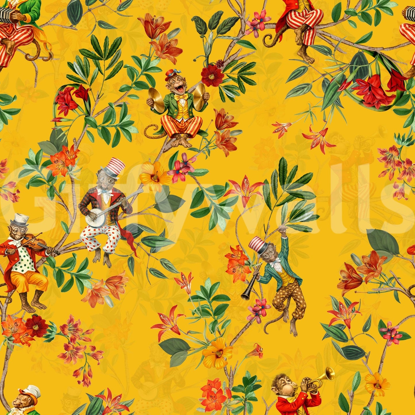 Whimsical Monkeys Playing Music Vintage Exotic Fun Garden yellow Wallpaper