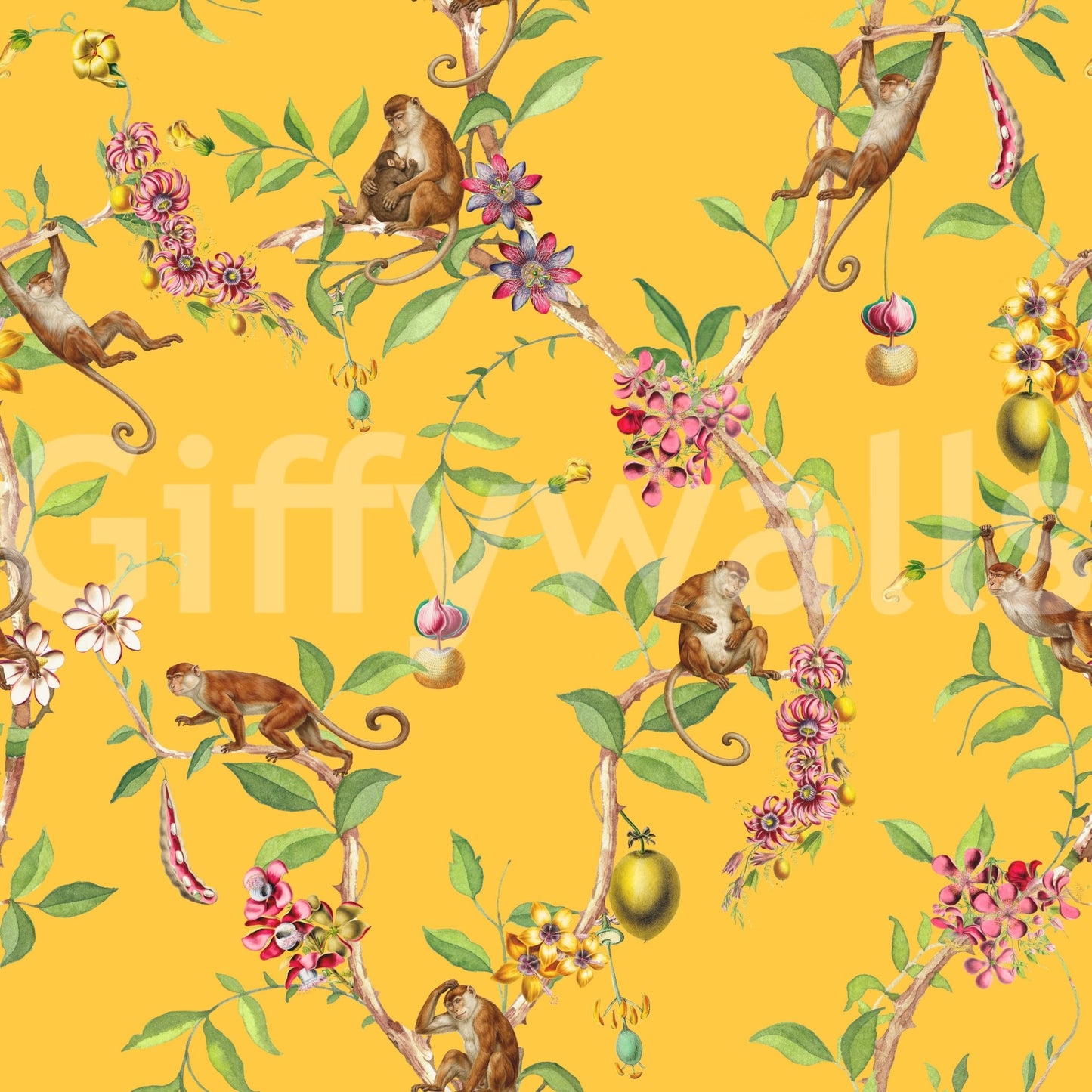 Whimsical Playing Monkeys Family Vintage Exotic Garden yellow Wallpaper
