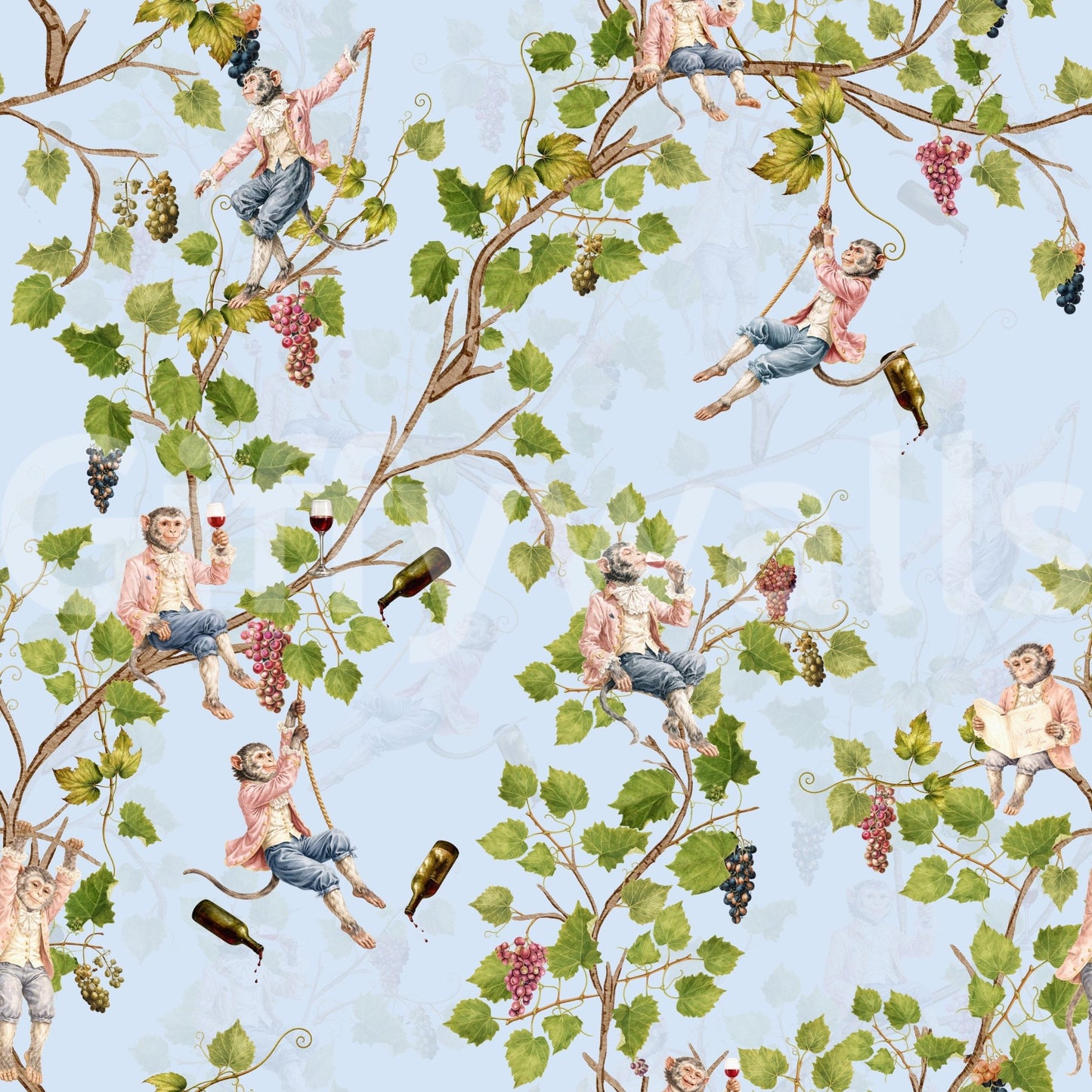 Whimsical Rococo Monkeys Wine Festival Aristocratic Vineyard Vintage Garden blue Wallpaper