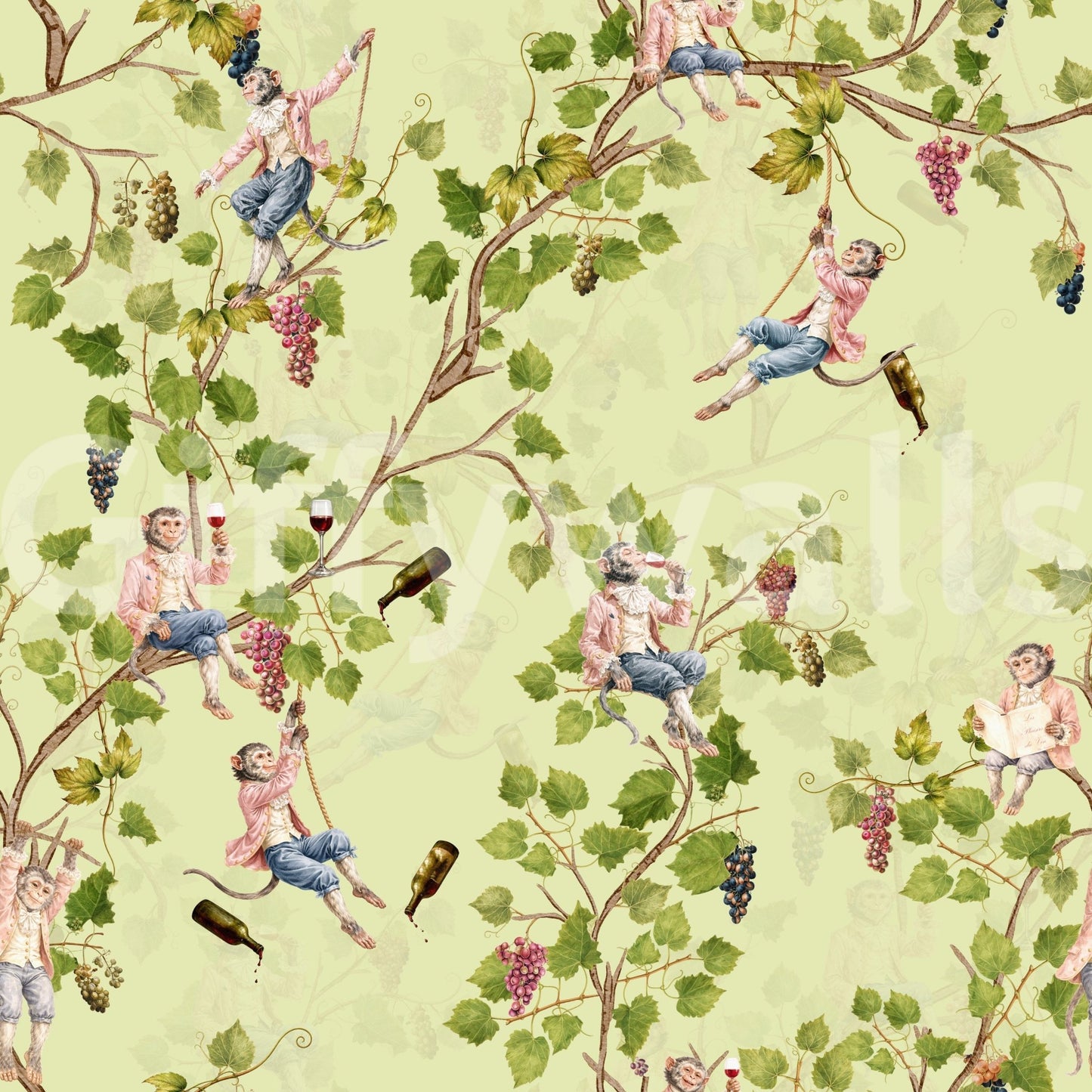 Whimsical Rococo Monkeys Wine Festival Aristocratic Vineyard Vintage Garden green Wallpaper