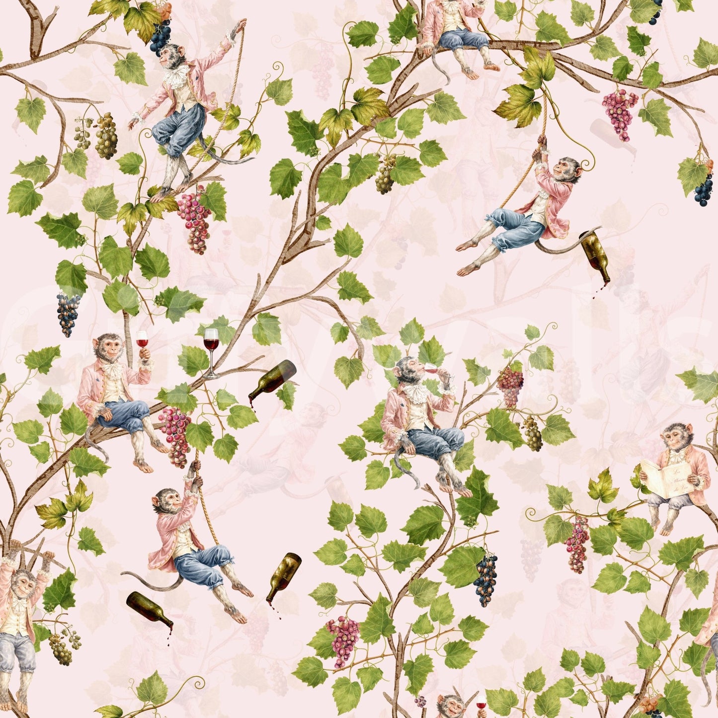 Whimsical Rococo Monkeys Wine Festival Aristocratic Vineyard Vintage Garden pink Wallpaper