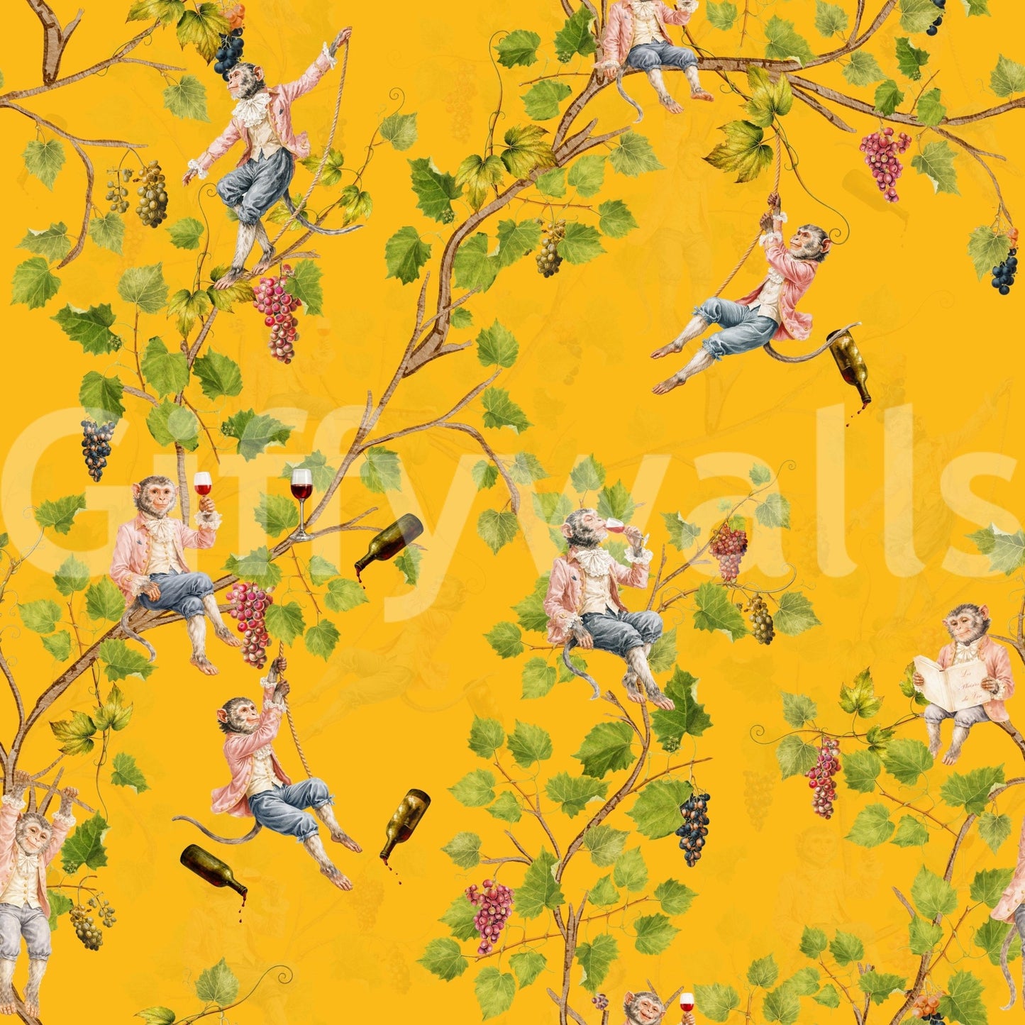 Whimsical Rococo Monkeys Wine Festival Aristocratic Vineyard Vintage Garden yellow Wallpaper