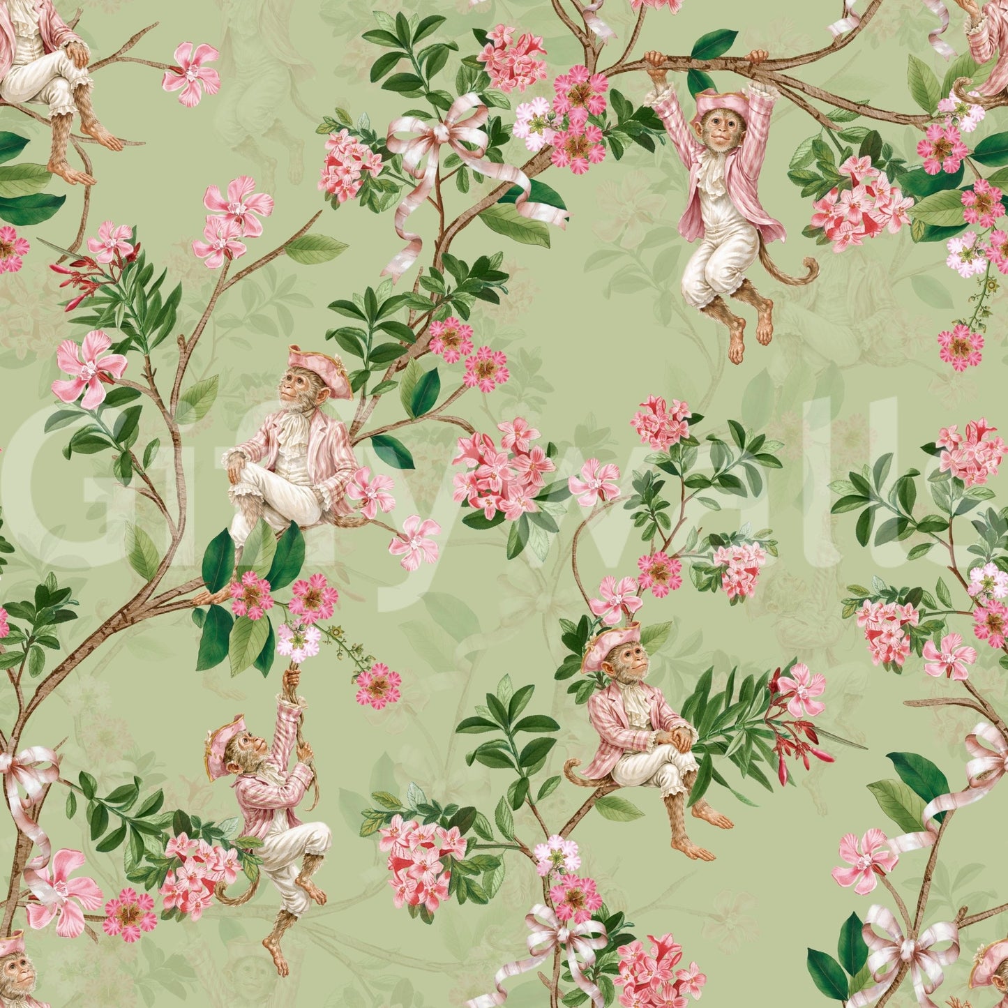 Whimsical Rococo Monkeys Wine Festival Vintage Aristocratic Vineyard Garden Party green Wallpaper