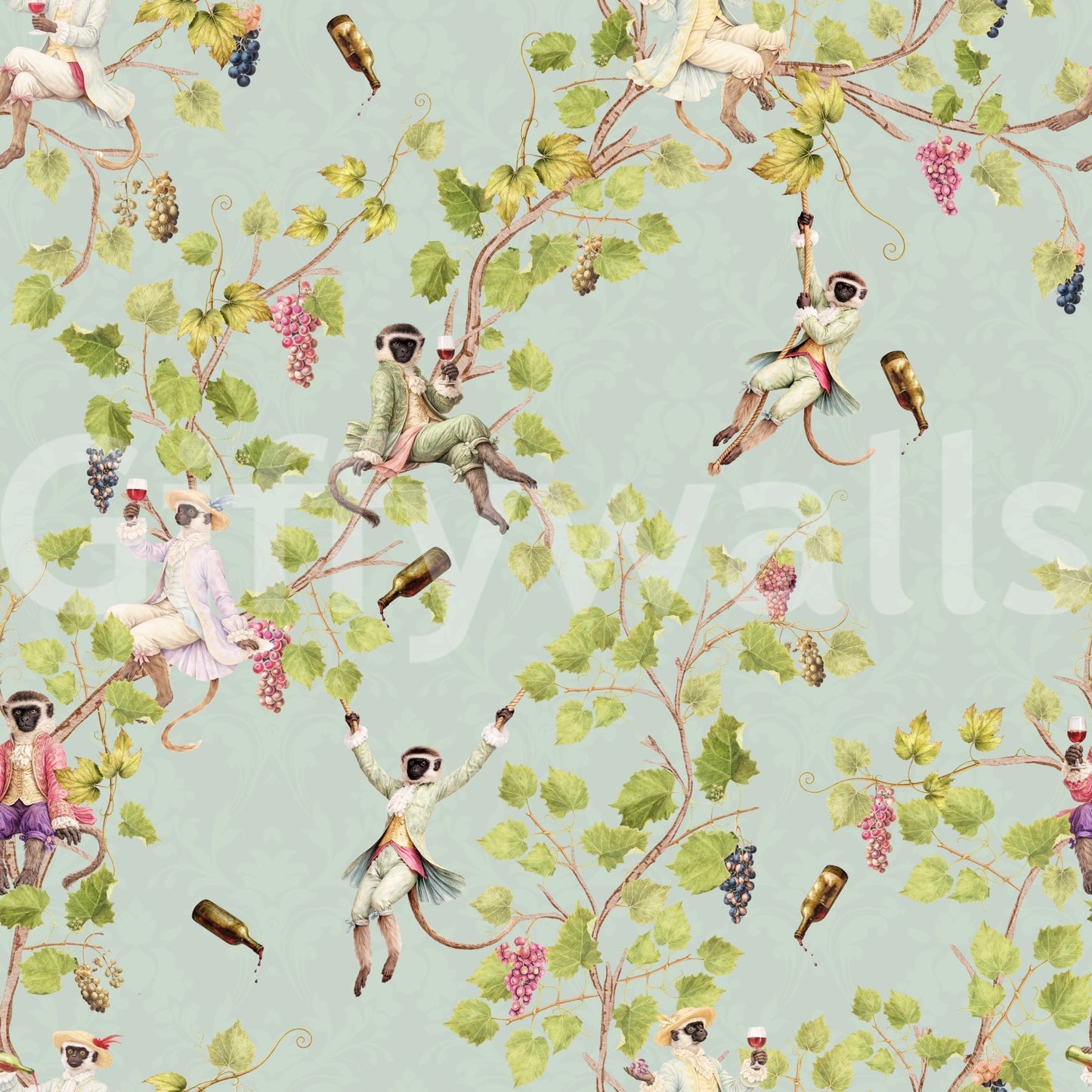 Whimsical Rococo Monkeys Wine Festival Vintage Aristocratic Vineyard Garden turquoise Wallpaper