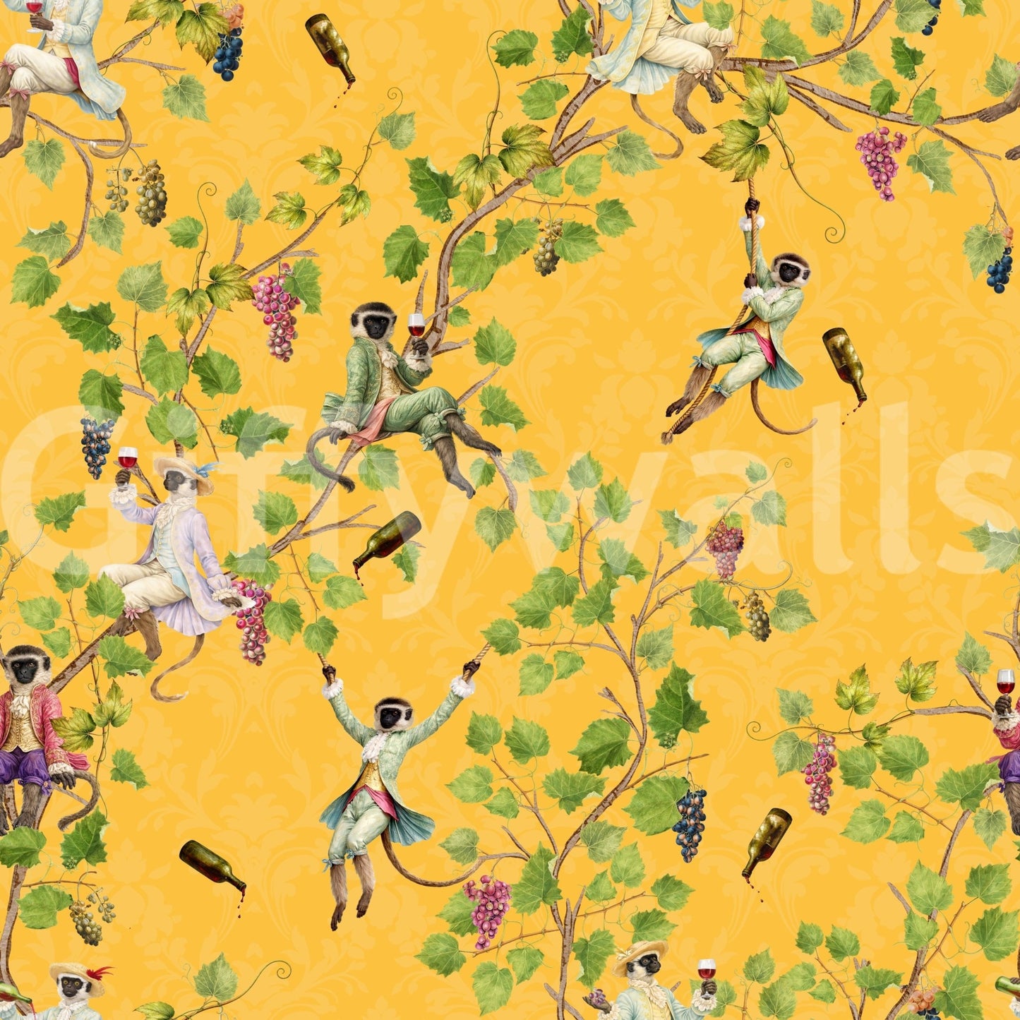 Whimsical Rococo Monkeys Wine Festival Vintage Aristocratic Vineyard Garden yellow Wallpaper