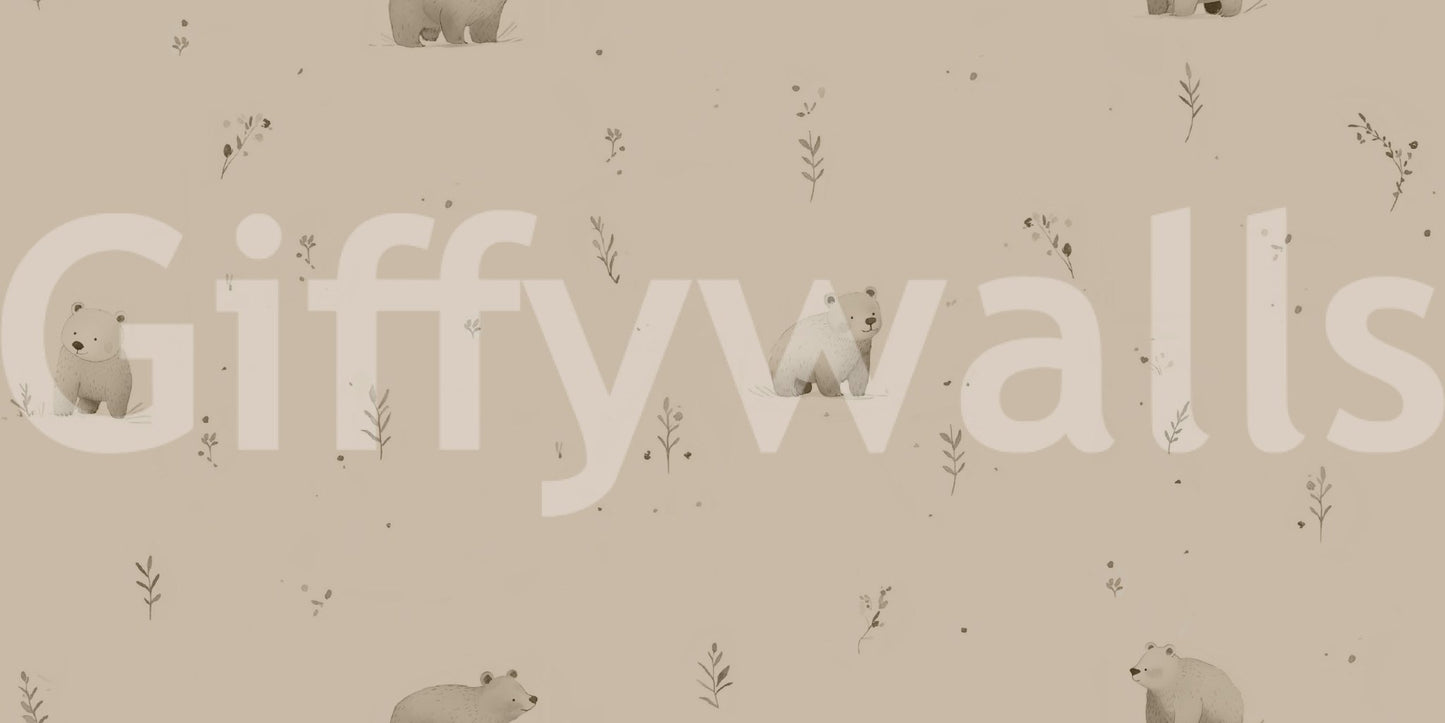 Whispering bear meadow wallpaper in soft beige with tiny woodland sprigs