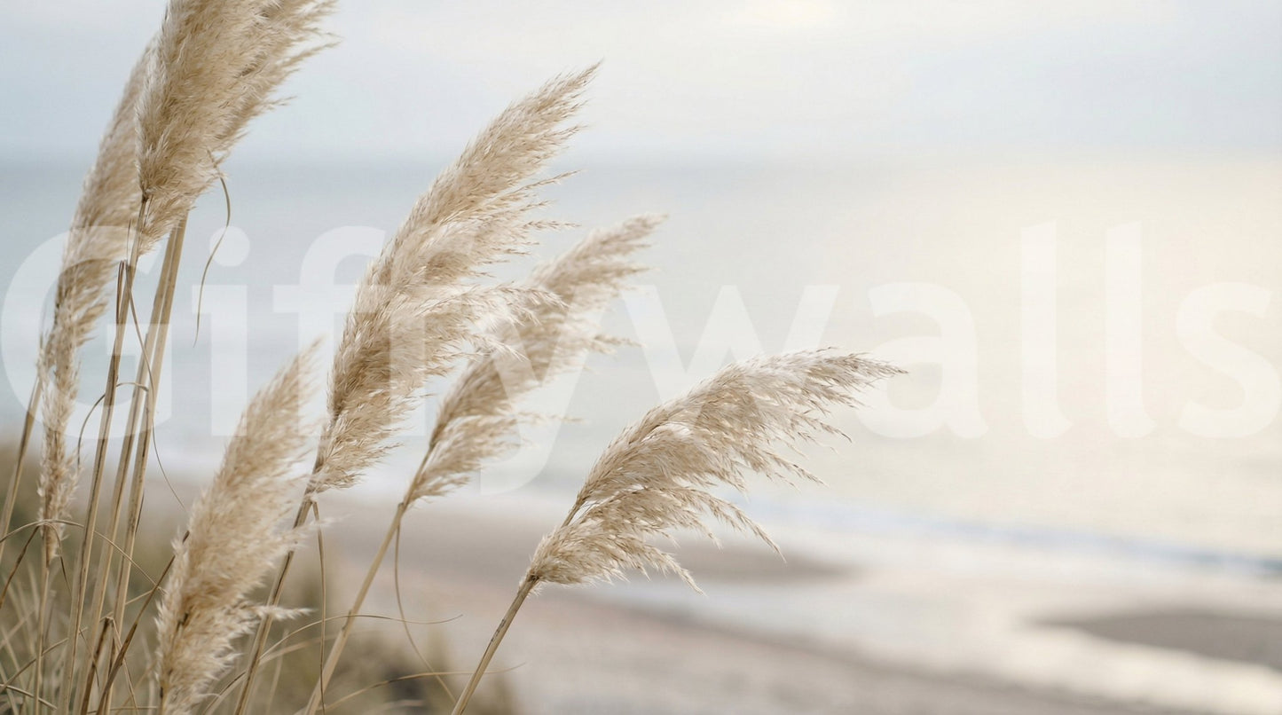 Coastal Pampas wall mural captures feathery grass against a soft shoreline