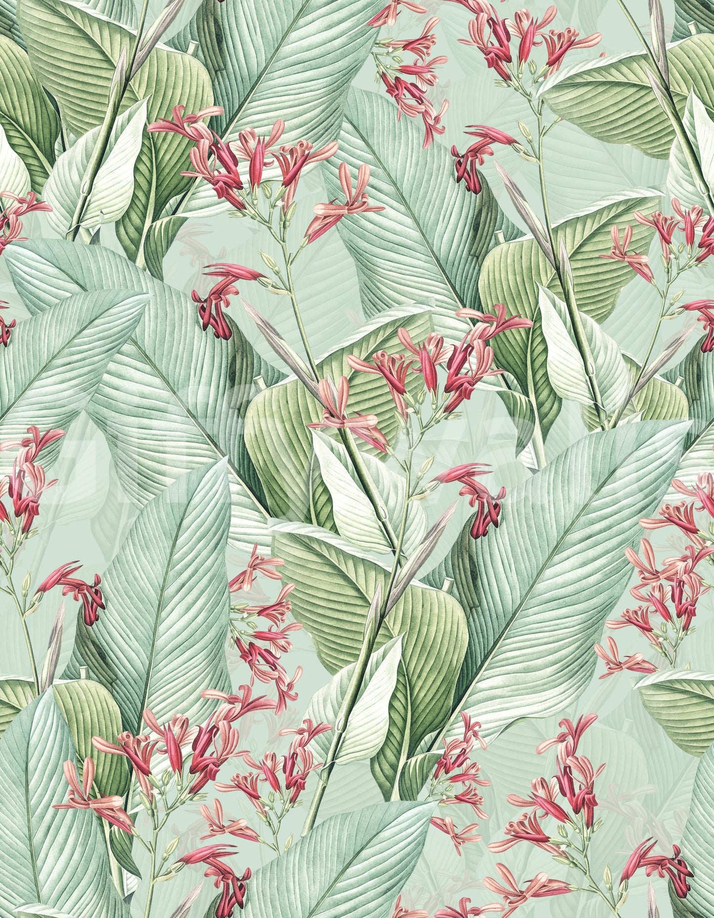Close-up of vibrant palm and floral tropical wallpaper.