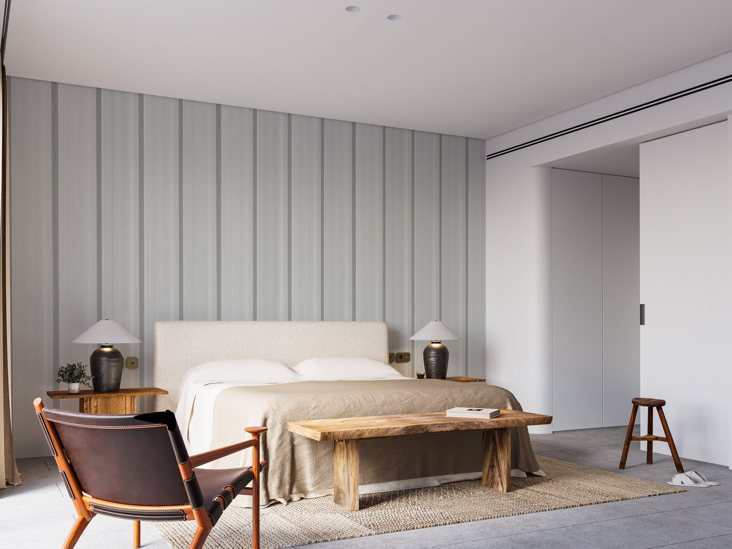 Minimalist wallpaper featuring white corrugated metal panels
