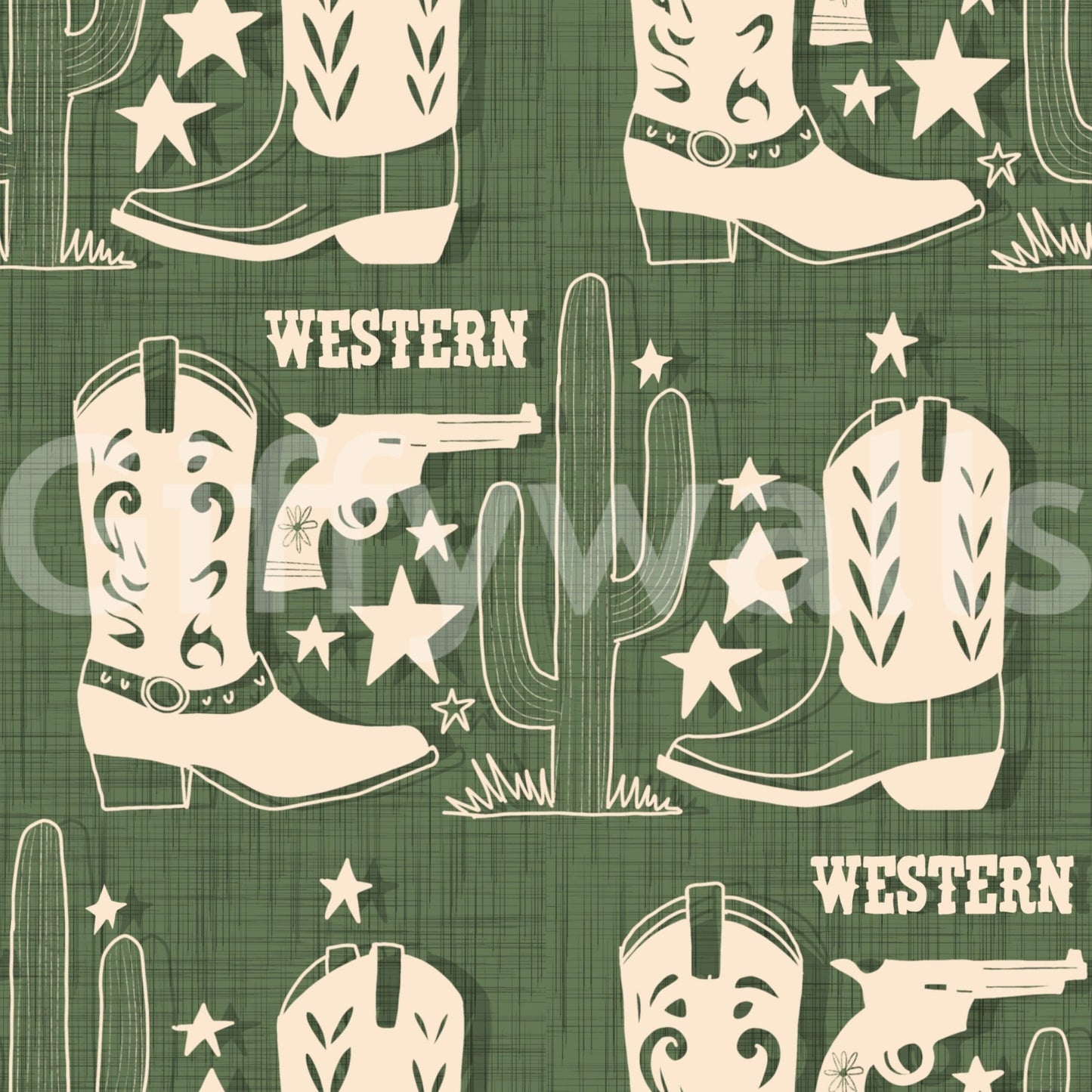 Frontier-inspired wallpaper showcasing cowboy boots, pistols, and cacti in a bold Western theme.