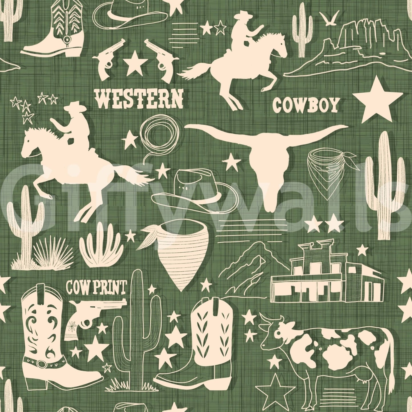 Vintage western wallpaper with illustrated frontier symbols in an organic, hand-sketched design.