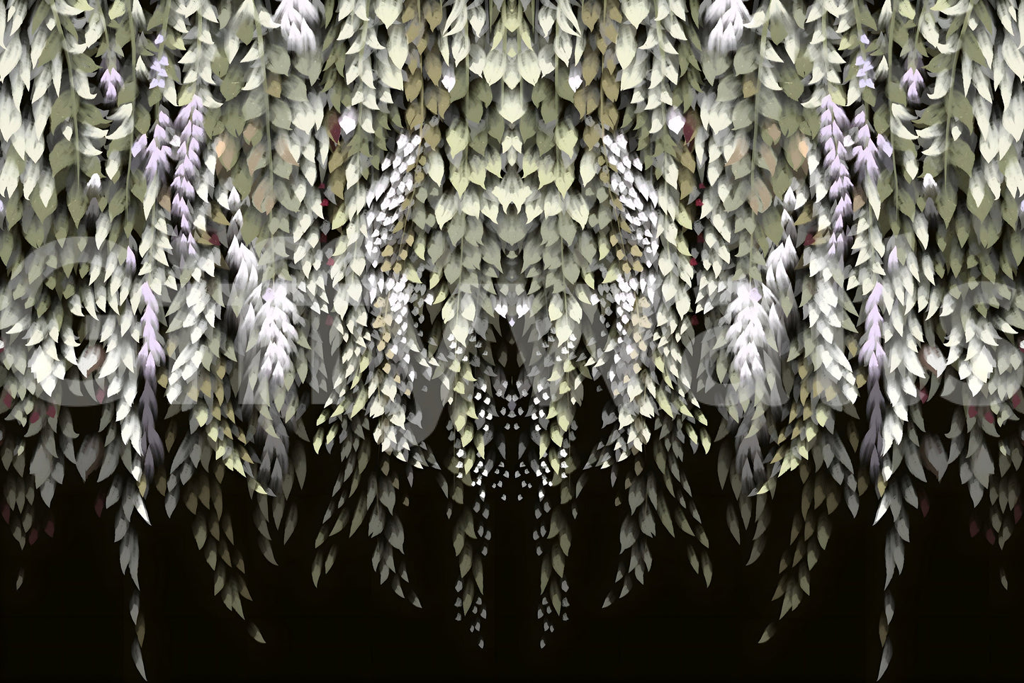 Watercolor-style wisteria cascade mural with layered leaves