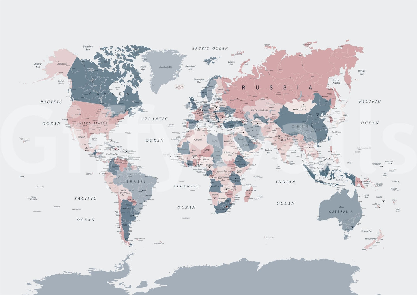 World Map Blush Pink and Indigo wallpaper mural shown full-wall with labeled continents in pink and slate tones