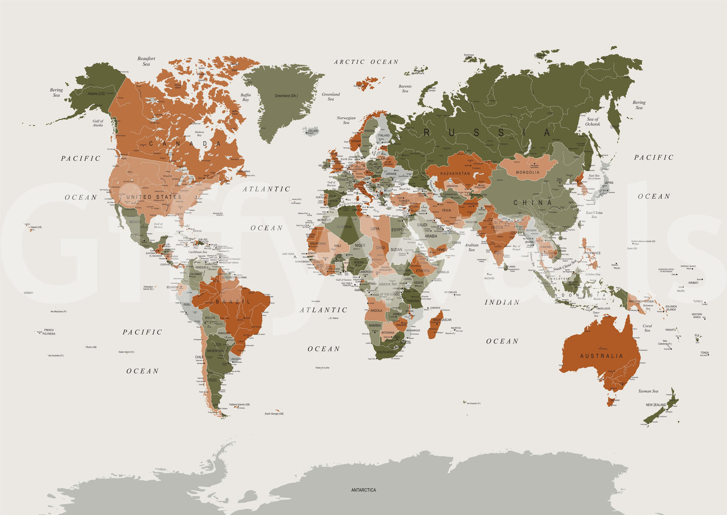 World Map Olive Green Wall Mural