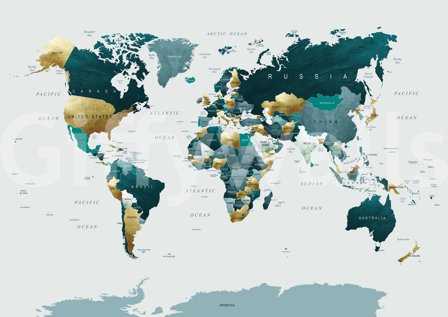World Map Teal Gold Wall Mural