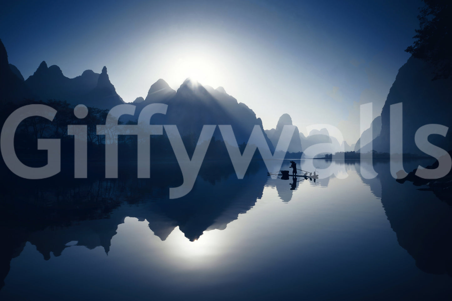 Serene Dawn Yangshuo's Whisper Wall Mural behind beige sofa, minimalist apartment styling