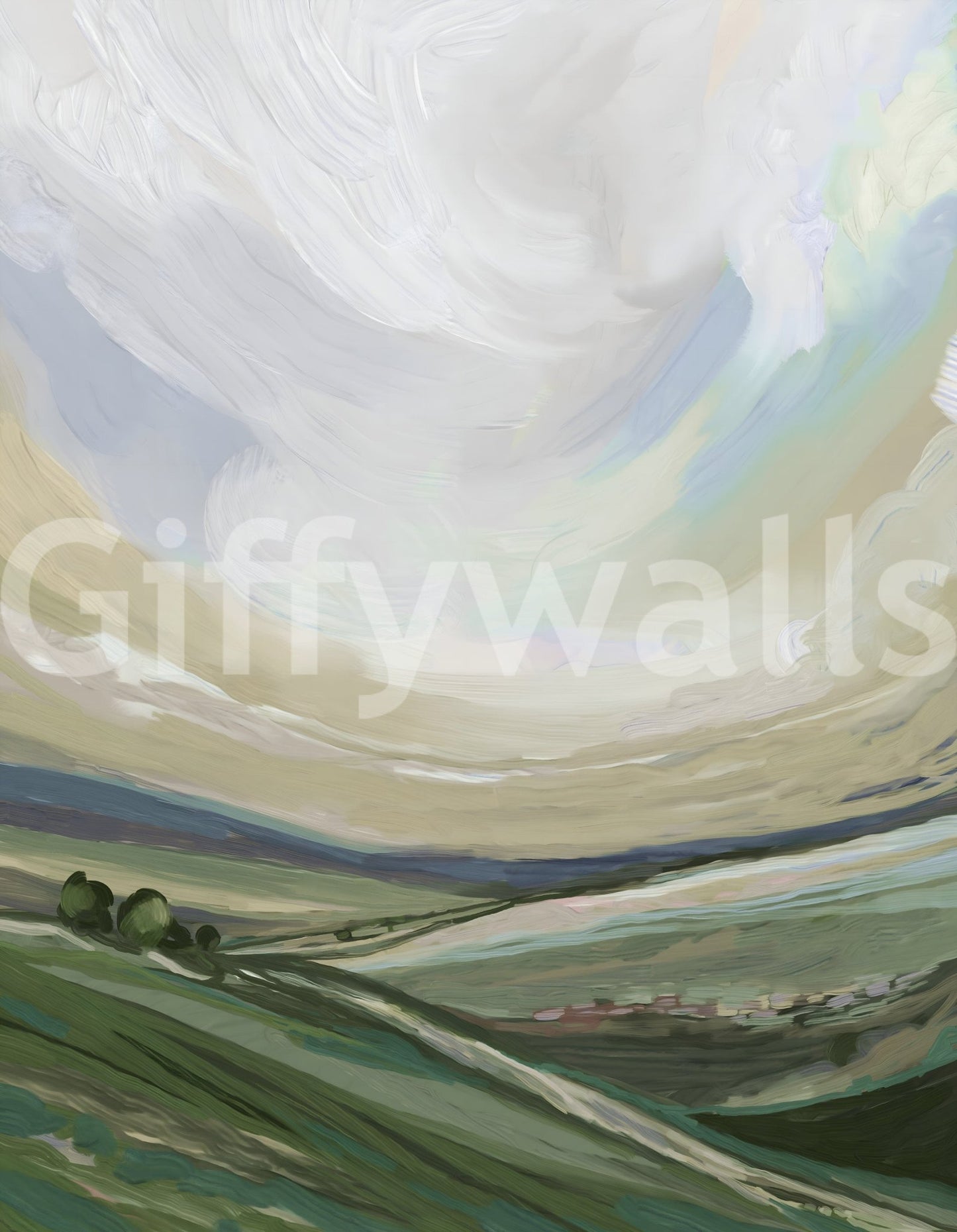 Yorkshire Landscape Oils Wall Mural in a rustic farmhouse living room.