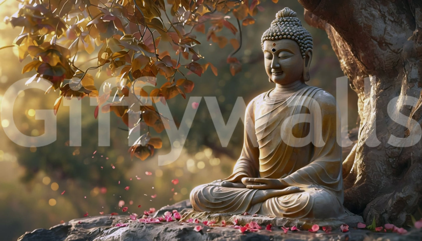 Zen Garden Buddha wallpaper mural shown as a full-wall meditating stone Buddha under an autumn tree with pink petals