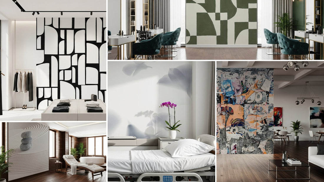 commercial wallpaper designs for business interiors, including spa, boutique, hospital, studio, and salon settings