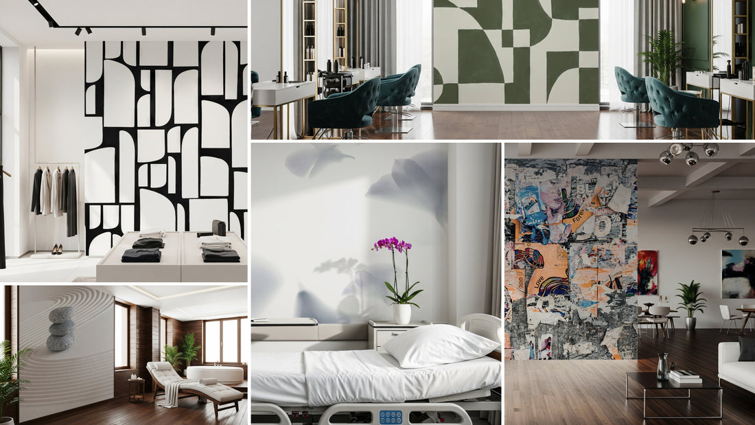commercial wallpaper designs for business interiors, including spa, boutique, hospital, studio, and salon settings
