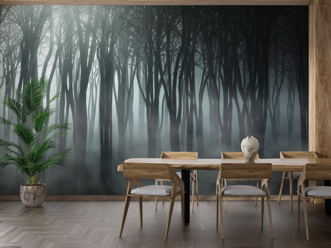 Dreamy Bedroom Atmosphere with Foggy Forest Mountain Wallpaper Mural
