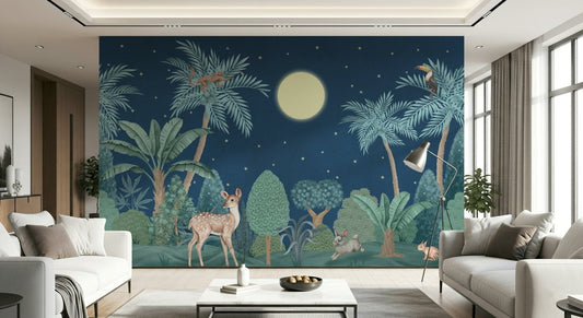 Moody jungle wallpaper mural with dense foliage and exotic birds in a modern living room