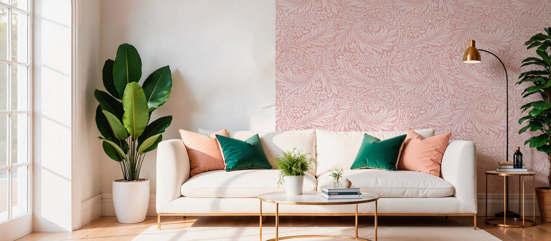 A stylish room transformed by a feature wall with a decorative wallpaper mural, completely reinventing the space.