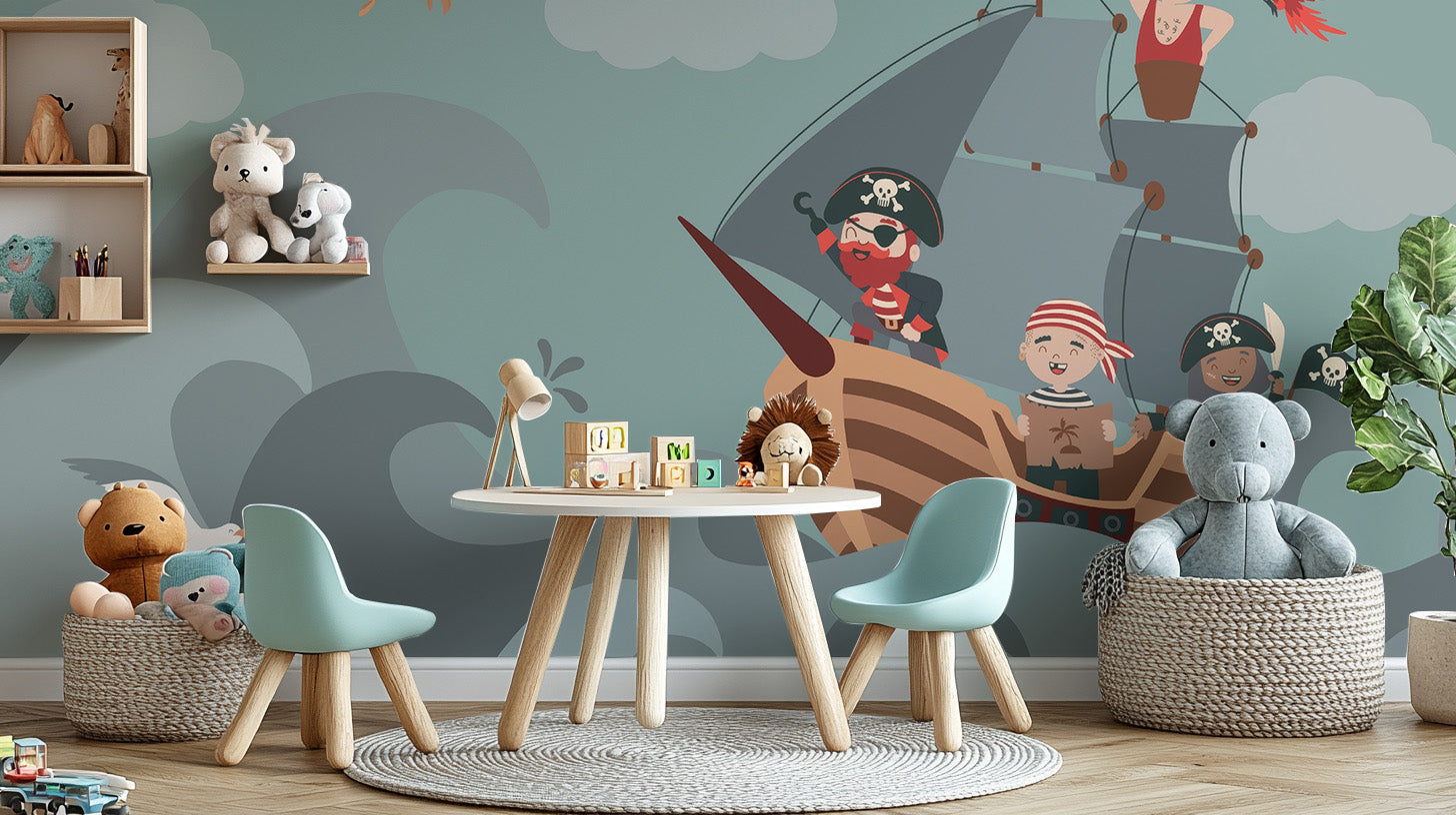 A kid's bedroom featuring a playful Pirate Wallpaper with cartoon ships, treasure chests, and islands on a blue ocean background.