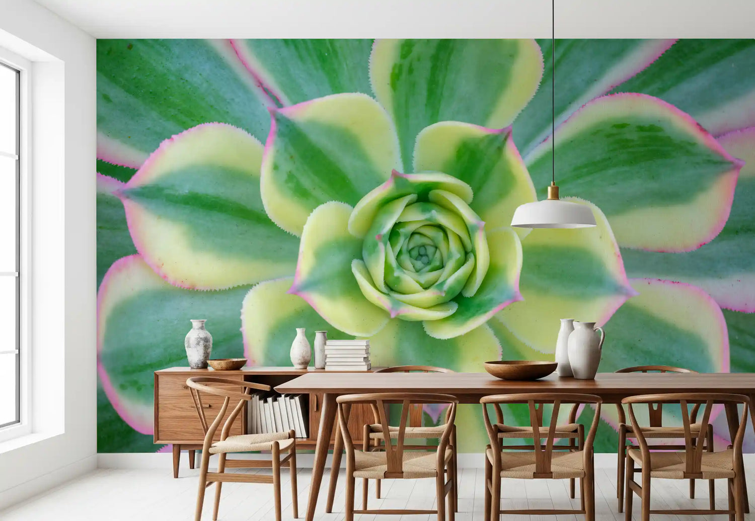 succulent wallpaper with cactus and rosette murals in fresh greens