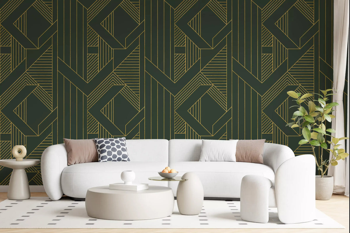 olive green wallpaper with earthy botanical mural designs