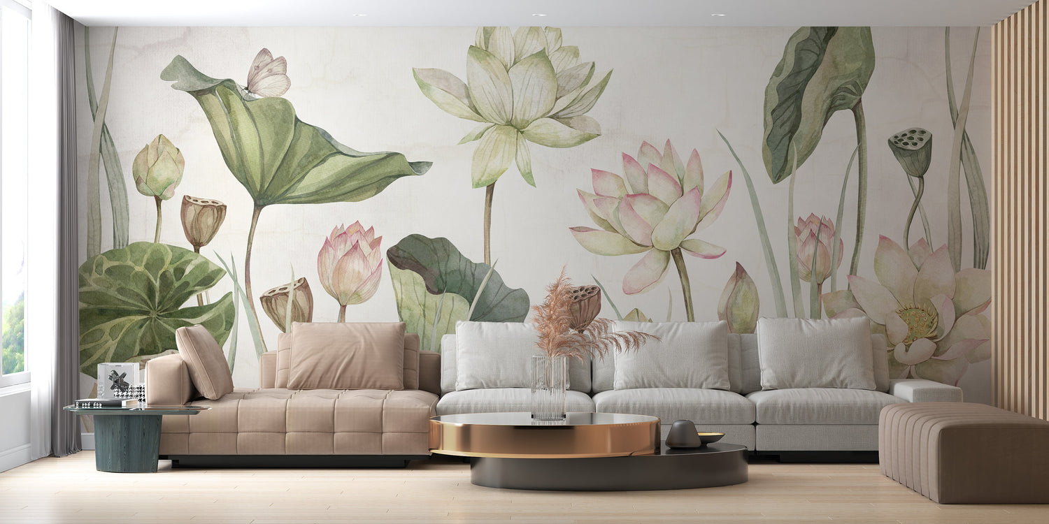 A modern living room with a feature wall covered in elegant pink and white lotus wallpaper, creating a serene and sophisticated atmosphere behind a grey sofa.