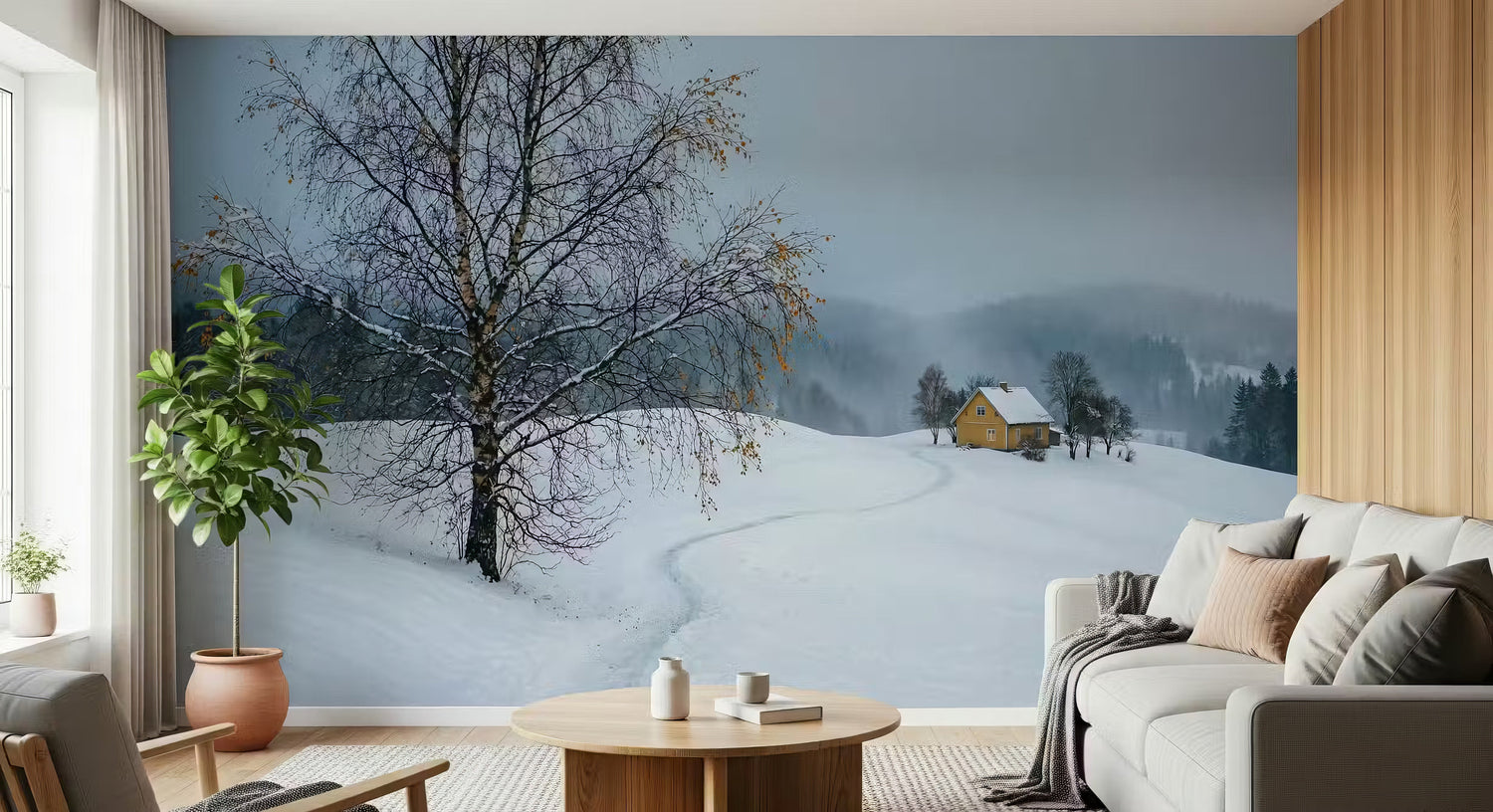 Cosy winter wallpaper mural with snowy pine forest