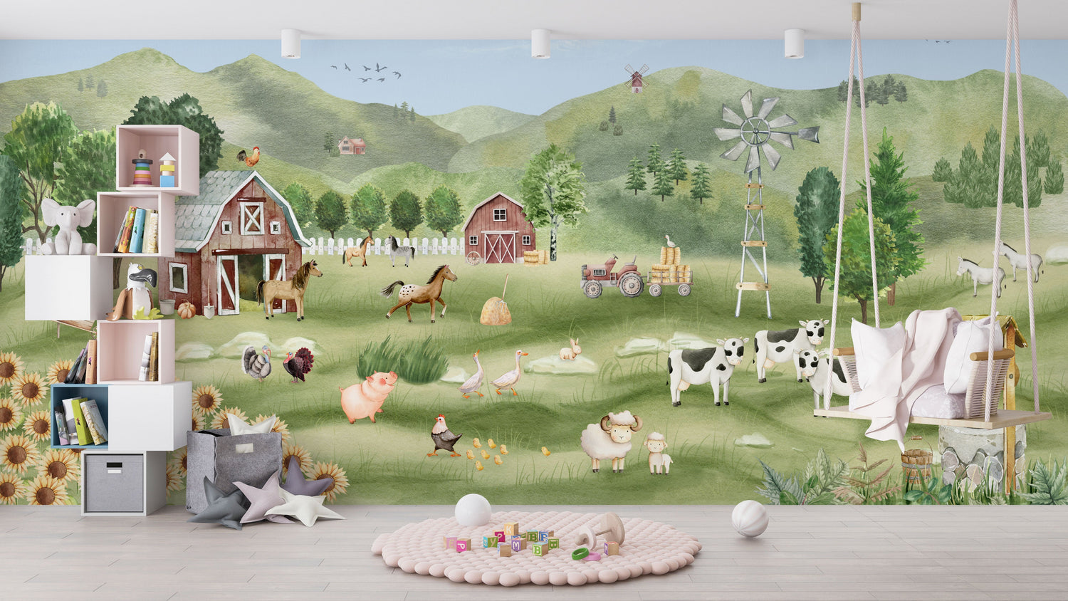 Cottagecore wallpaper mural with wildflowers and trailing botanical print in soft sage tones 