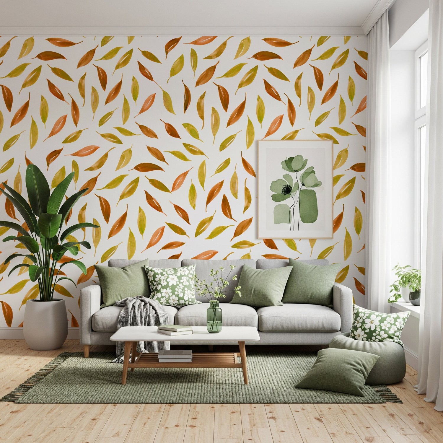 Fall wallpaper mural with golden maple leaves and warm autumn forest scene