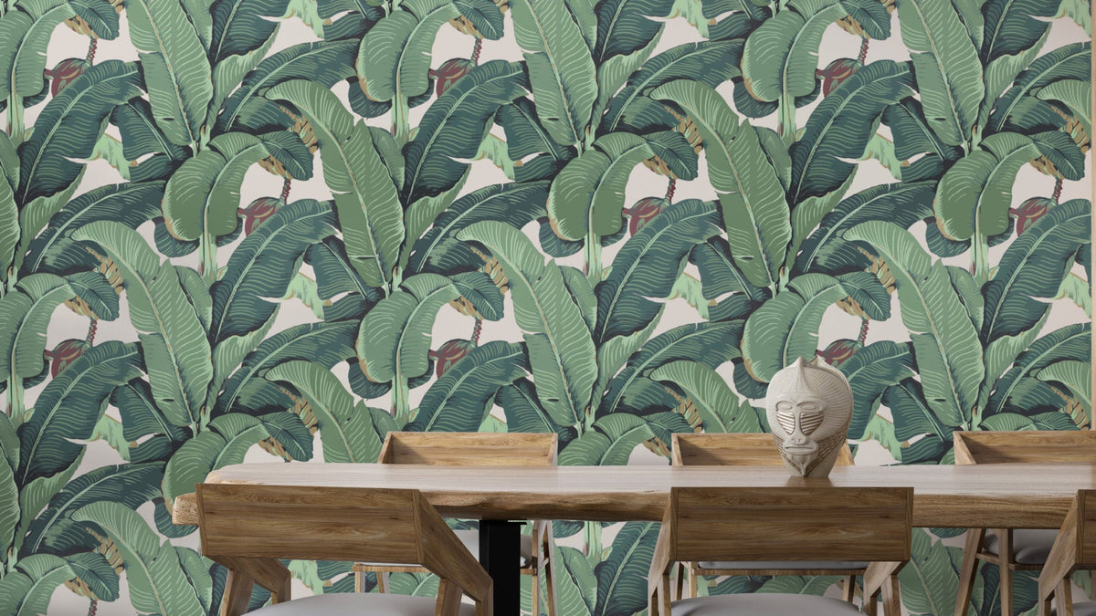 biophilic wallpaper with lush layered foliage on a nature-inspired feature wall