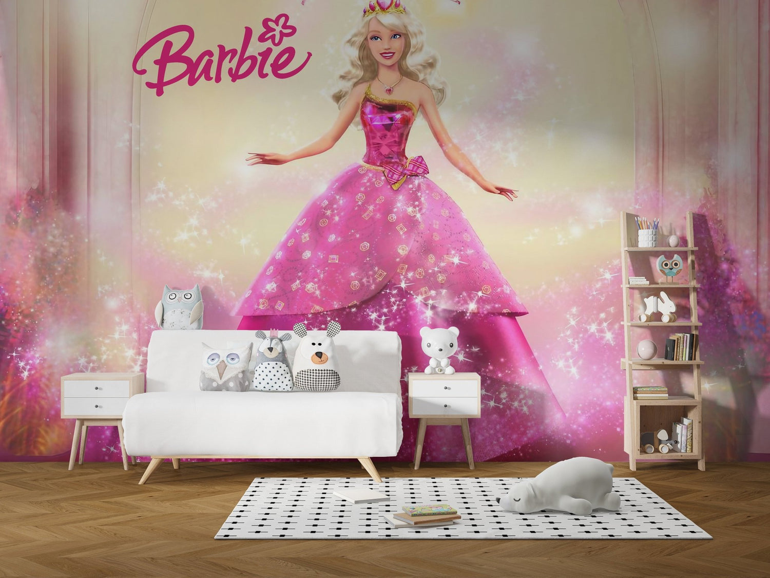 Barbie wallpaper mural covering a girl's bedroom wall, featuring Barbie and friends in a vibrant setting.