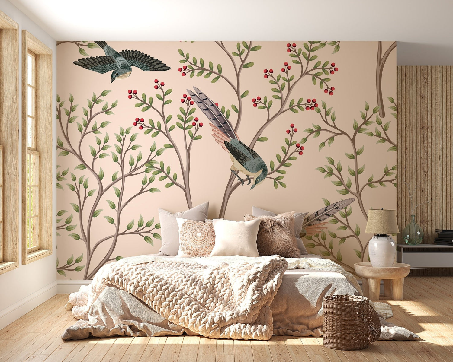 Elegant living room featuring birds wallpaper with a blue heron and waterlily pattern.