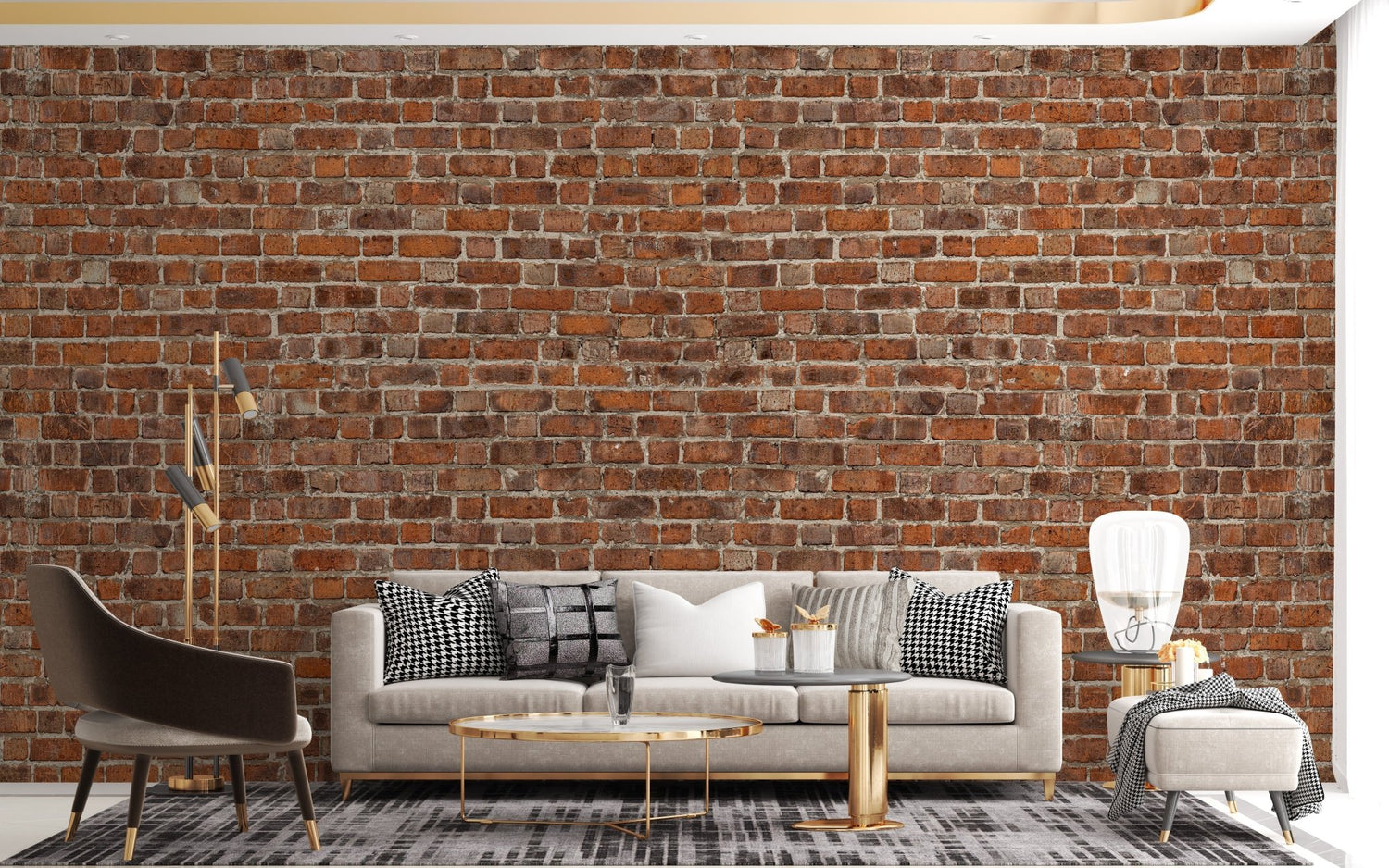 A collage showcasing various styles of realistic brick wallpaper, including textured red stonework and modern white faux block designs for accent walls.
