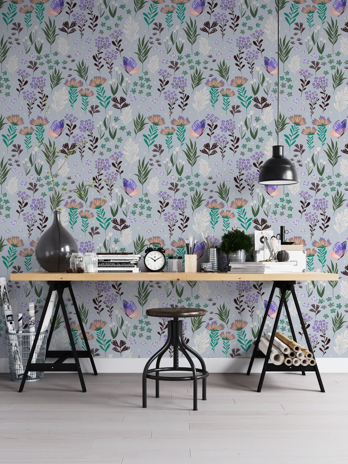 insect wallpaper with butterfly, beetle and bee mural detail