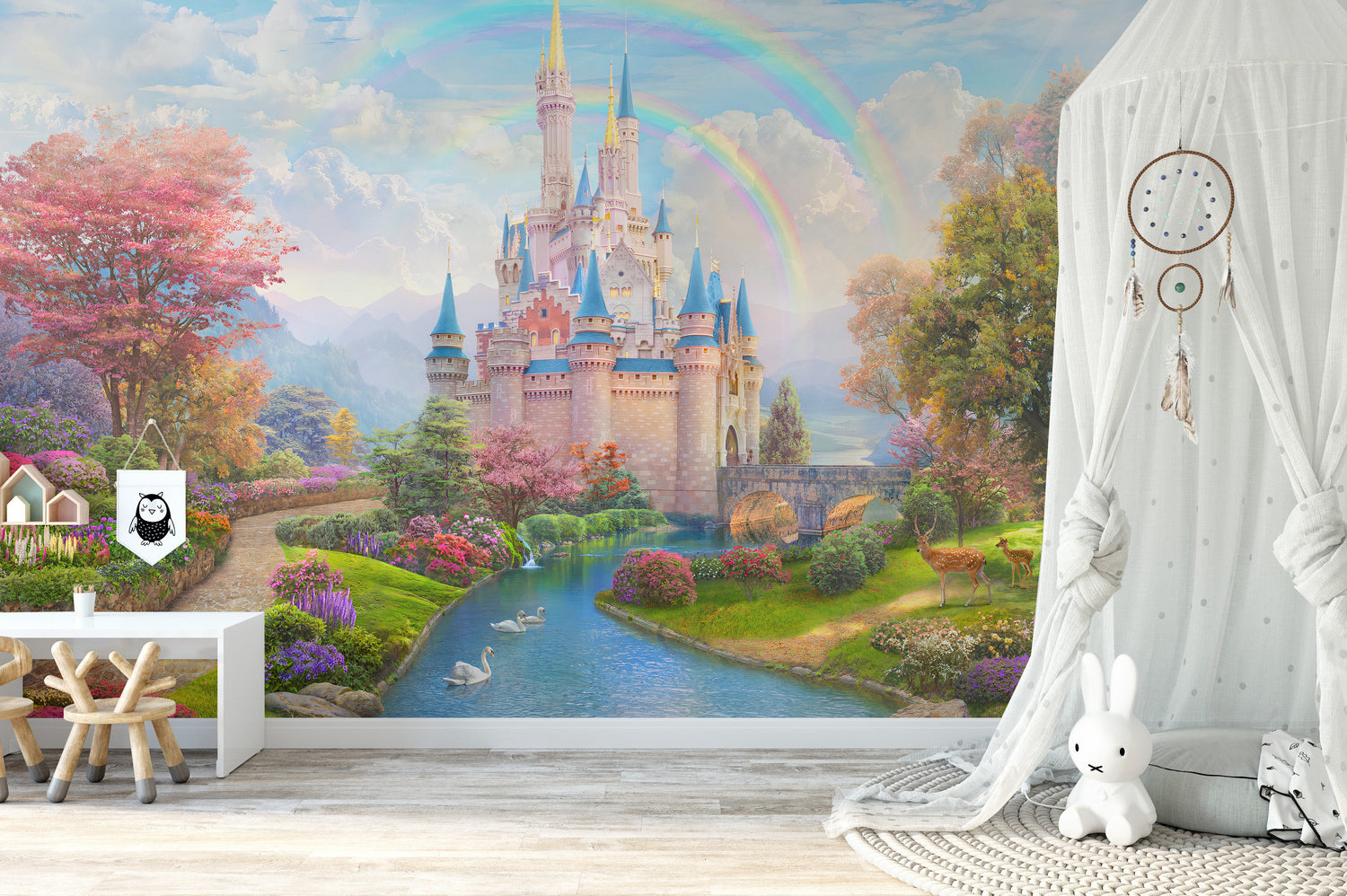 princess wallpaper with fairytale castle and crown murals for girls rooms