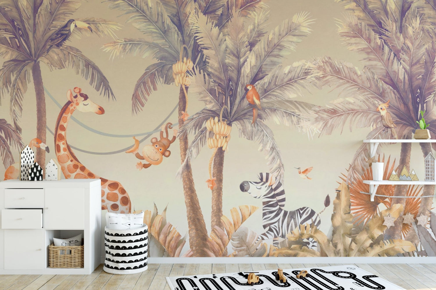 Whimsical children wallpaper with cartoon safari animals creating a feature wall in a bright, modern nursery room.