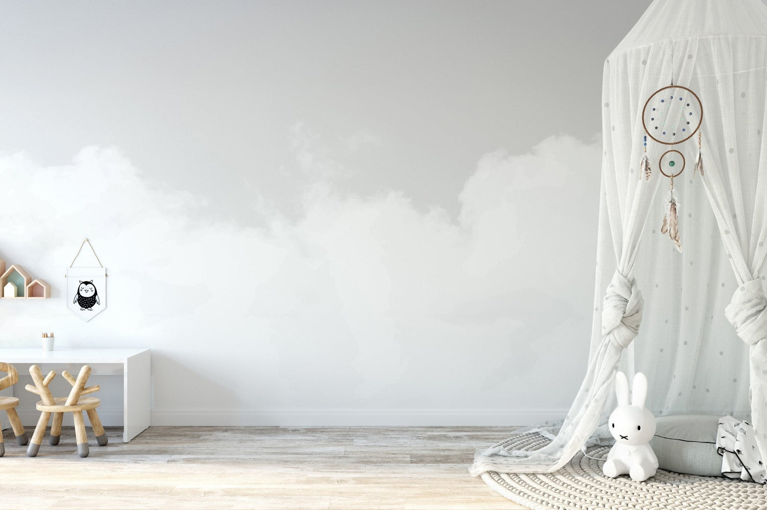 A modern space featuring Cloud Dancer wallpaper, the official Pantone 2026 color, creating a calm aesthetic.
